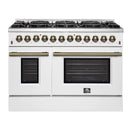 Forno 5-Piece Appliance Package - 48-Inch Dual Fuel Range, Wall Mount Range Hood, 60-Inch Refrigerator, Dishwasher, & 24-Inch Microwave Drawer in White with Antique Brass Handle