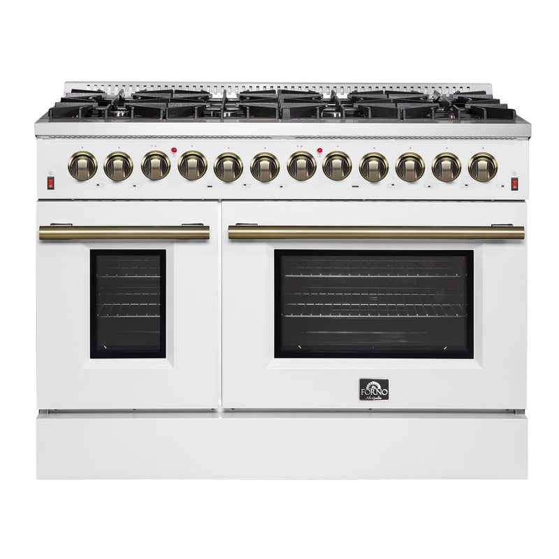 Forno Galiano 5-Piece Appliance Package - 48-Inch Dual Fuel Range, 48-Inch Hood, 36-Inch Refrigerator, 24-Inch Dishwasher, & 24-Inch Microwave Oven in White with Antique Brass Trim