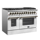 Forno 5-Piece Appliance Package - 48-Inch Dual Fuel Range, Wall Mount Range Hood, 36-Inch Refrigerator, Dishwasher, and 30-Inch Microwave Drawer in White with Antique Brass Handle