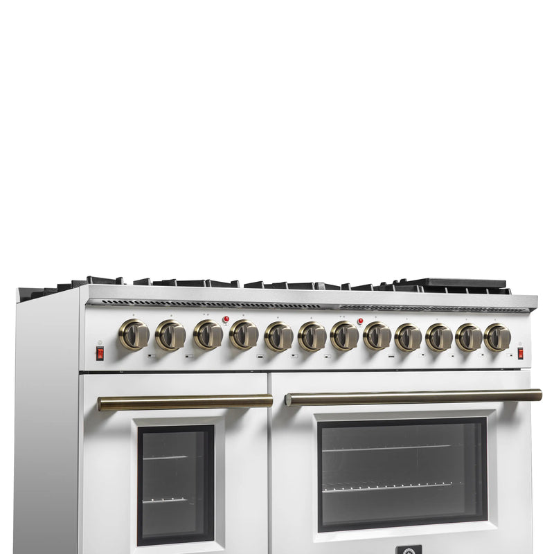 Forno Galiano 5-Piece Appliance Package - 48-Inch Dual Fuel Range, 48-Inch Hood, 36-Inch Refrigerator, 24-Inch Dishwasher, & 24-Inch Microwave Oven in White with Antique Brass Trim