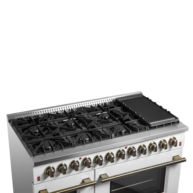 Forno Galiano 5-Piece Appliance Package - 48-Inch Dual Fuel Range, 48-Inch Hood, 36-Inch Refrigerator, 24-Inch Dishwasher, & 24-Inch Microwave Oven in White with Antique Brass Trim
