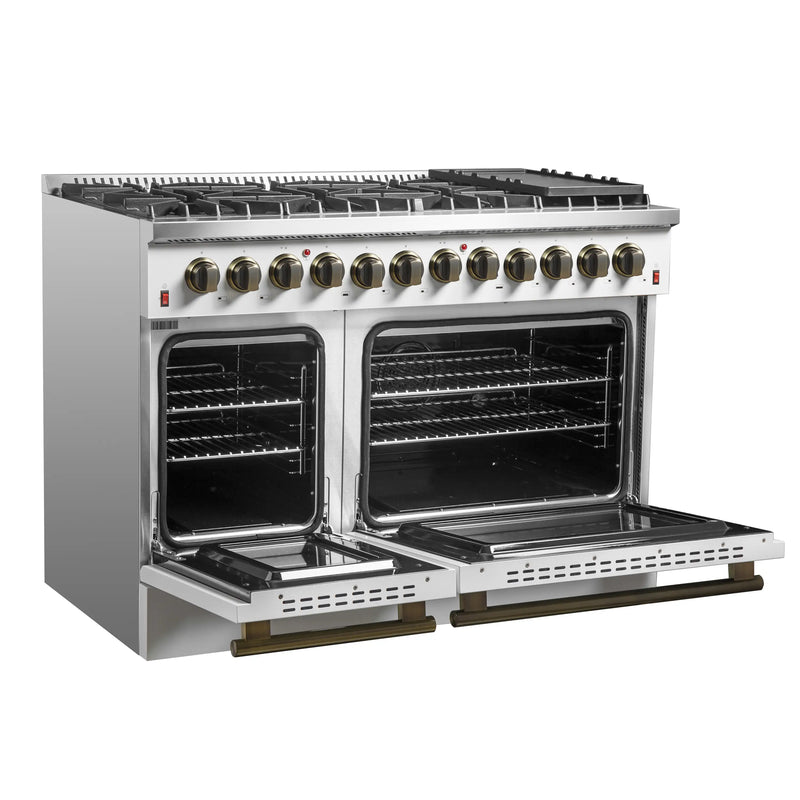 Forno Galiano 5-Piece Appliance Package - 48-Inch Dual Fuel Range, 48-Inch Hood, 36-Inch Refrigerator, 24-Inch Dishwasher, & 24-Inch Microwave Oven in White with Antique Brass Trim