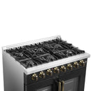 Forno Galiano 36-Inch French Door Dual Fuel Range with 6 Gas Burners and 5.36 Cu.Ft. Electric Convection Oven in Black with Antique Brass Trim (FFSGS6356-36BLK)