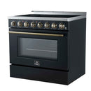 Forno 5-Piece Appliance Package - 36-Inch Electric Range, Wall Mount Range Hood, 60-Inch Refrigerator, Dishwasher, and 24-Inch Microwave Drawer in Black with Antique Brass Handle