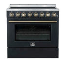 Forno 5-Piece Appliance Package - 36-Inch Electric Range, Wall Mount Range Hood, 36-Inch Refrigerator, Dishwasher, and 24-Inch Microwave Drawer in Black with Antique Brass Handle
