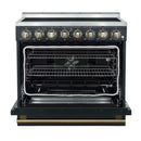 Forno 4-Piece Appliance Package - 36-Inch Electric Range, Wall Mount Range Hood, 60-Inch Refrigerator, and Dishwasher in Black with Antique Brass Handle