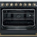 Forno 5-Piece Appliance Package - 36-Inch Electric Range, Wall Mount Range Hood, 36-Inch Refrigerator, Dishwasher, and 24-Inch Microwave Drawer in Black with Antique Brass Handle