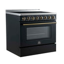 Forno 4-Piece Appliance Package - 36-Inch Electric Range, Wall Mount Range Hood, 60-Inch Refrigerator, and Dishwasher in Black with Antique Brass Handle