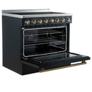 Forno 4-Piece Appliance Package - 36-Inch Electric Range, Wall Mount Range Hood, 60-Inch Refrigerator, and Dishwasher in Black with Antique Brass Handle