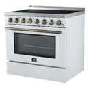 Forno 4-Piece Appliance Package - 36-Inch Electric Range, Wall Mount Range Hood, 60-Inch Refrigerator, and Dishwasher in White with Antique Brass Handle