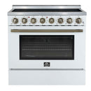 Forno 5-Piece Appliance Package - 36-Inch Electric Range, Wall Mount Range Hood, 60-Inch Refrigerator, Dishwasher, and 24-Inch Microwave Drawer in White with Antique Brass Handle