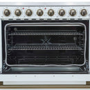 Forno 4-Piece Appliance Package - 36-Inch Electric Range, Wall Mount Range Hood, 60-Inch Refrigerator, and Dishwasher in White with Antique Brass Handle