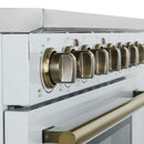 Forno 4-Piece Appliance Package - 36-Inch Electric Range, Wall Mount Range Hood, 60-Inch Refrigerator, and Dishwasher in White with Antique Brass Handle