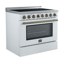 Forno 3-Piece Appliance Package - 36-Inch Electric Range, Wall Mount Range Hood, and 60-Inch Refrigerator in White with Antique Brass Handle