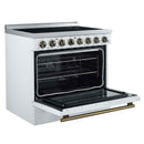 Forno 5-Piece Appliance Package - 36-Inch Electric Range, Wall Mount Range Hood, 60-Inch Refrigerator, Dishwasher, and 24-Inch Microwave Drawer in White with Antique Brass Handle