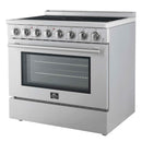 Forno 5-Piece Appliance Package - 36-Inch Electric Range, Wall Mount Range Hood, 36-Inch Refrigerator, Dishwasher, and 24-Inch Microwave Drawer in Stainless Steel