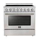 Forno 5-Piece Appliance Package - 36-Inch Electric Range, Wall Mount Range Hood, 36-Inch Refrigerator, Dishwasher, and 30-Inch Microwave Oven in Stainless Steel