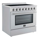Forno 5-Piece Appliance Package - 36-Inch Electric Range, Wall Mount Range Hood, 36-Inch Refrigerator, Dishwasher, and 24-Inch Microwave Oven in Stainless Steel