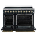 Forno 5-Piece Appliance Package - 48-Inch Electric Range, Wall Mount Range Hood, 36-Inch Refrigerator, Dishwasher, and 24-Inch Microwave Drawer in Black with Antique Brass Handle