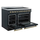 Forno 5-Piece Appliance Package - 48-Inch Electric Range, Wall Mount Range Hood, 36-Inch Refrigerator, Dishwasher, and 30-Inch Microwave Drawer in Black with Antique Brass Handle