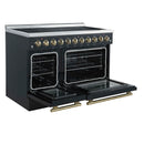 Forno 3-Piece Appliance Package - 48-Inch Electric Range, Wall Mount Range Hood, and 36-Inch Refrigerator in Black with Antique Brass Handle