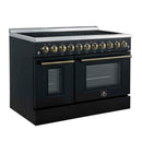 Forno 5-Piece Appliance Package - 48-Inch Electric Range, Wall Mount Range Hood, 60-Inch Refrigerator, Dishwasher, and 24-Inch Microwave Drawer in Black with Antique Brass Handle