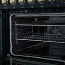 Forno 5-Piece Appliance Package - 48-Inch Electric Range, Wall Mount Range Hood, 36-Inch Refrigerator, Dishwasher, and 30-Inch Microwave Drawer in Black with Antique Brass Handle