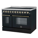 Forno 5-Piece Appliance Package - 48-Inch Electric Range, Wall Mount Range Hood, 36-Inch Refrigerator, Dishwasher, and 30-Inch Microwave Drawer in Black with Antique Brass Handle