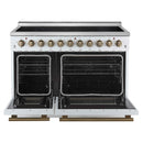 Forno 4-Piece Appliance Package - 48-Inch Electric Range, Wall Mount Range Hood, 60-Inch Refrigerator, and Dishwasher in White with Antique Brass Handle