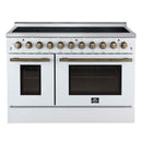 Forno 5-Piece Appliance Package - 48-Inch Electric Range, Wall Mount Range Hood, 60-Inch Refrigerator, Dishwasher, and 30-Inch Microwave Drawer in White with Antique Brass Handle