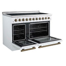 Forno 5-Piece Appliance Package - 48-Inch Electric Range, Wall Mount Range Hood, 36-Inch Refrigerator, Dishwasher, and 24-Inch Microwave Drawer in White with Antique Brass Handle