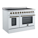 Forno 5-Piece Appliance Package - 48-Inch Electric Range, Wall Mount Range Hood, 60-Inch Refrigerator, Dishwasher, and 24-Inch Microwave Drawer in White with Antique Brass Handle