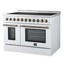 Forno 5-Piece Appliance Package - 48-Inch Electric Range, Wall Mount Range Hood, 36-Inch Refrigerator, Dishwasher, and 30-Inch Microwave Drawer in White with Antique Brass Handle