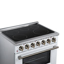 FORNO Massimo 36-Inch Freestanding Electric Range with 5 Radiant Burners, 5.36 Cu. Ft. True Convection Oven, Air Fryer Kit in White with Antique Brass Trim (FFSEL6020-36WHT)