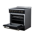 FORNO Galiano 30-Inch Freestanding Electric Range with 4 Radiant Burners, 4.32 Cu. Ft. True Convection Oven, Air Fryer Kit in Black with Antique Brass Trim (FFSEL6083-30BLK)