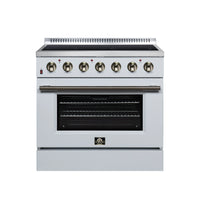 FORNO Galiano 36-Inch Freestanding Electric Range with 5 Radiant Burners, 5.36 Cu. Ft. True Convection Oven, Air Fryer Kit in White Antique Brass Trim (FFSEL6083-36WHT)