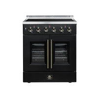 FORNO Galiano 30-Inch French Door Electric Range with 4 Radiant Burners, 4.32 Cu. Ft. True Convection Oven, Air Fryer Kit in Black with Antique Brass Trim (FFSEL6917-30BLK)