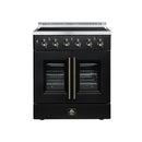 FORNO Galiano 30-Inch French Door Electric Range with 4 Radiant Burners, 4.32 Cu. Ft. True Convection Oven, Air Fryer Kit in Black with Antique Brass Trim (FFSEL6917-30BLK)