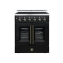 FORNO Galiano 30-Inch French Door Electric Range with 4 Radiant Burners, 4.32 Cu. Ft. True Convection Oven, Air Fryer Kit in Black with Antique Brass Trim (FFSEL6917-30BLK)