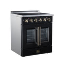 FORNO Galiano 30-Inch French Door Electric Range with 4 Radiant Burners, 4.32 Cu. Ft. True Convection Oven, Air Fryer Kit in Black with Antique Brass Trim (FFSEL6917-30BLK)