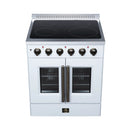 FORNO Galiano 30-Inch French Door Electric Range with 4 Radiant Burners, 4.32 Cu. Ft. True Convection Oven, Air Fryer Kit in White with Antique Brass Trim (FFSEL6917-30WHT)