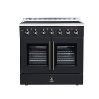FORNO Galiano 36-Inch French Door Electric Range with 5 Radiant Burners, 5.36 Cu. Ft. True Convection Oven, Air Fryer Kit in Black with Antique Brass Trim (FFSEL6917-36BLK)