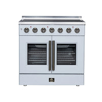 FORNO Galiano 36-Inch French Door Electric Range with 5 Radiant Burners, 5.36 Cu. Ft. True Convection Oven, Air Fryer Kit in White with Antique Brass Trim (FFSEL6917-36WHT)