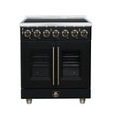 FORNO Massimo 30-Inch French Door Electric Range with 5 Radiant Burners, 4.32 Cu. Ft. True Convection Oven, Air Fryer Kit in Black with Antique Brass Trim (FFSEL6955-30BLK)