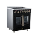 FORNO Massimo 30-Inch French Door Electric Range with 5 Radiant Burners, 4.32 Cu. Ft. True Convection Oven, Air Fryer Kit in Black with Antique Brass Trim (FFSEL6955-30BLK)
