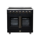 FORNO Massimo 36-Inch French Door Electric Range with 5 Radiant Burners, 5.36 Cu. Ft. True Convection Oven, Air Fryer Kit in Black with Antique Brass Trim (FFSEL6955-36BLK)