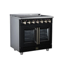 FORNO Massimo 36-Inch French Door Electric Range with 5 Radiant Burners, 5.36 Cu. Ft. True Convection Oven, Air Fryer Kit in Black with Antique Brass Trim (FFSEL6955-36BLK)