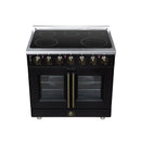 FORNO Massimo 36-Inch French Door Electric Range with 5 Radiant Burners, 5.36 Cu. Ft. True Convection Oven, Air Fryer Kit in Black with Antique Brass Trim (FFSEL6955-36BLK)