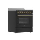 Forno 4-Piece Appliance Package - 30-Inch Electric Range, Wall Mount Range Hood, 36-Inch Refrigerator, and Dishwasher in Black with Antique Brass Handle