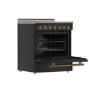Forno 4-Piece Appliance Package - 30-Inch Electric Range, Wall Mount Range Hood, 60-Inch Refrigerator, and Dishwasher in Black with Antique Brass Handle